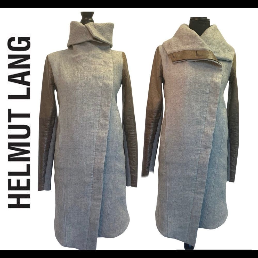 HELMET Lang wool & Lamb Leather brown gray colour block pattern coat Sz XS